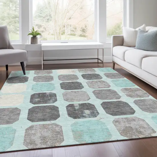 Teal Blue Gray And Ivory Geometric Washable Indoor Outdoor Area Rug Photo 7