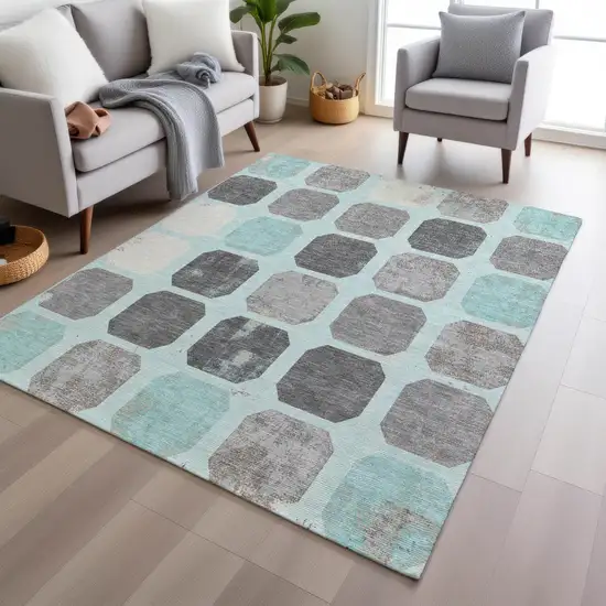 Teal Blue Gray And Ivory Geometric Washable Indoor Outdoor Area Rug Photo 6