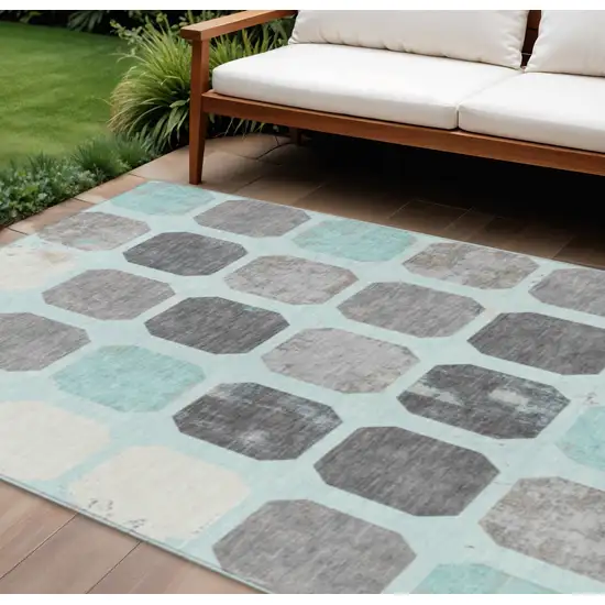 Teal Blue Gray And Ivory Geometric Washable Indoor Outdoor Area Rug Photo 2