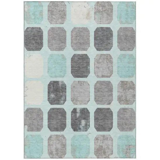 Teal Blue Gray And Ivory Geometric Washable Indoor Outdoor Area Rug Photo 1