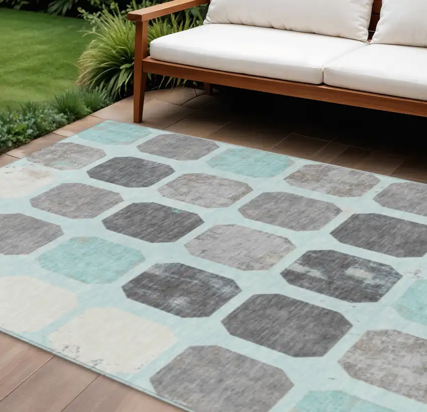 Teal Blue Gray And Ivory Geometric Washable Indoor Outdoor Area Rug Photo 2