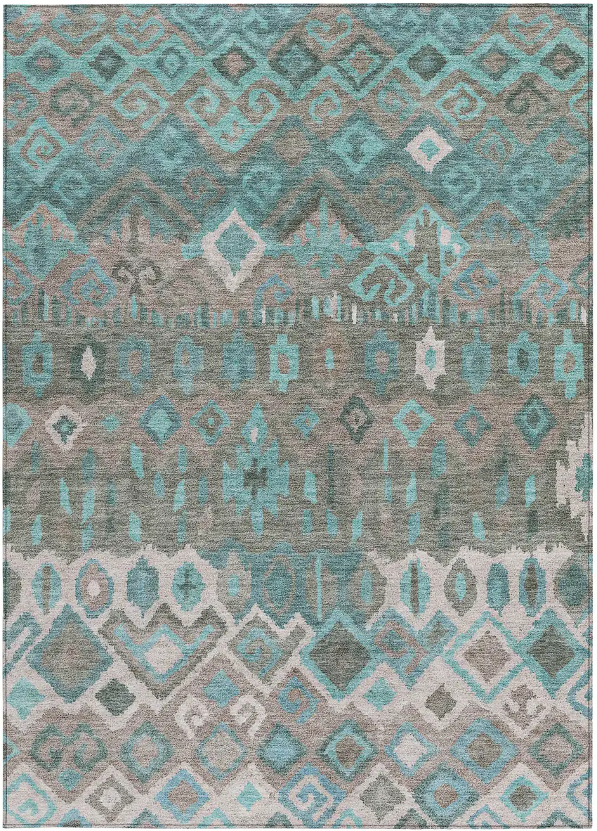 Teal Blue Gray And Ivory Geometric Washable Indoor Outdoor Area Rug Photo 4