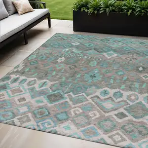 Photo of Teal Blue Gray And Ivory Geometric Washable Indoor Outdoor Area Rug