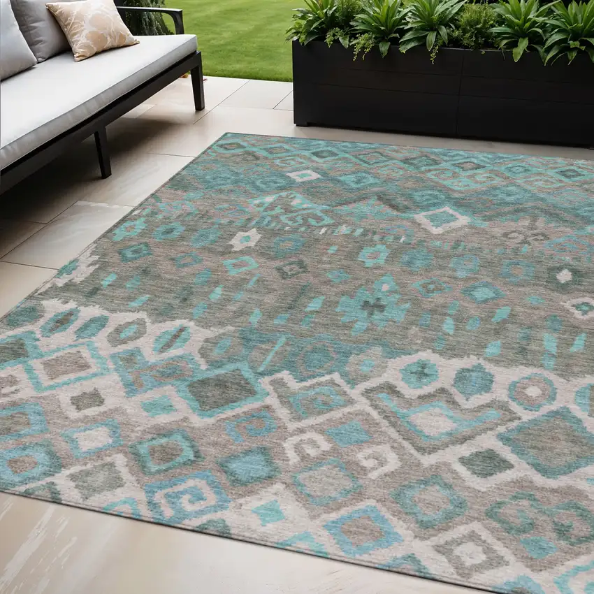 Teal Blue Gray And Ivory Geometric Washable Indoor Outdoor Area Rug Photo 1