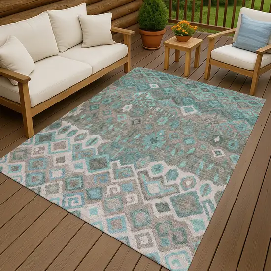 Teal Blue Gray And Ivory Geometric Washable Indoor Outdoor Area Rug Photo 8