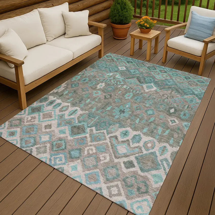 Teal Blue Gray And Ivory Geometric Washable Indoor Outdoor Area Rug Photo 8