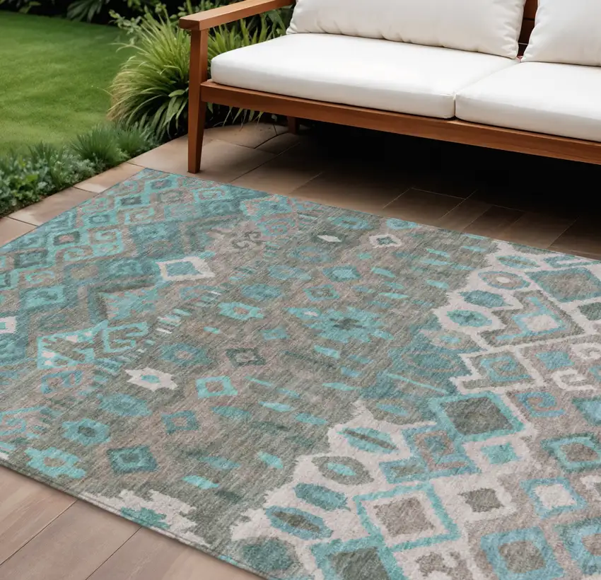 Teal Blue Gray And Ivory Geometric Washable Indoor Outdoor Area Rug Photo 1