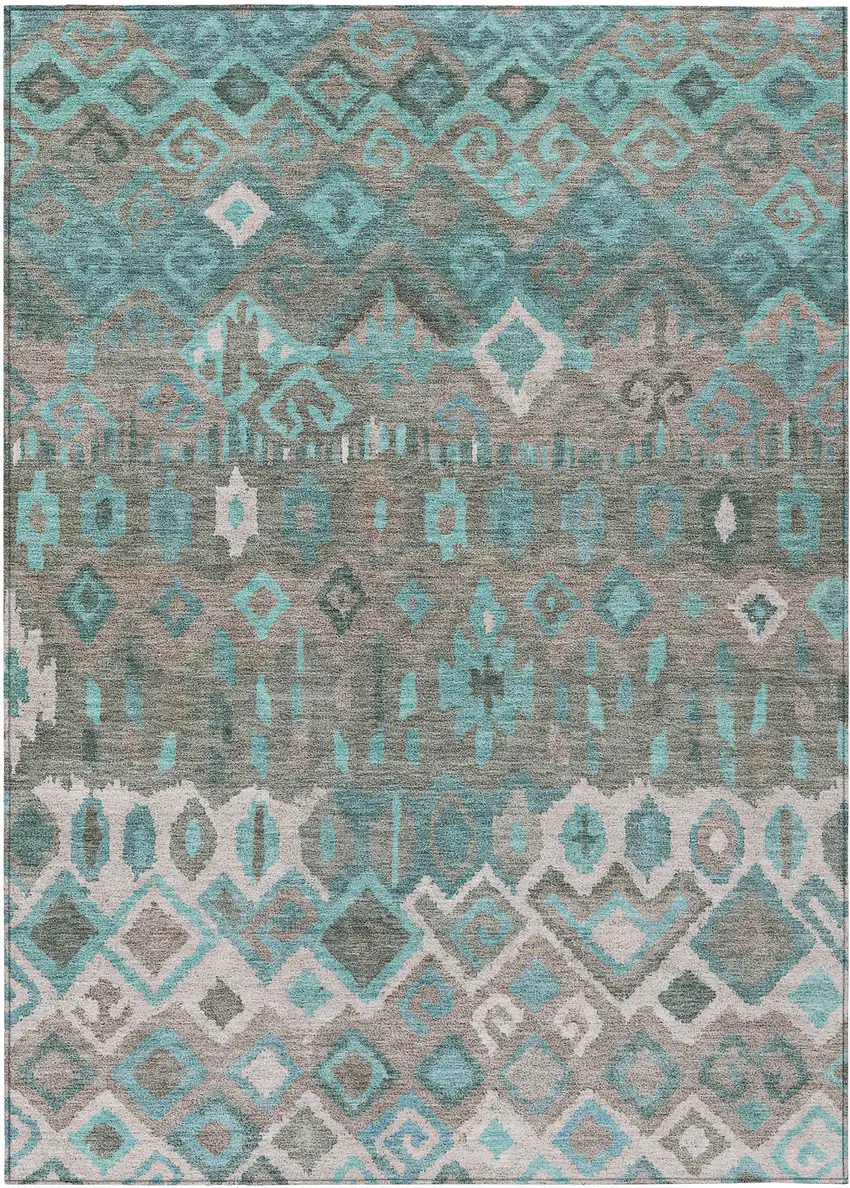 Teal Blue Gray And Ivory Geometric Washable Indoor Outdoor Area Rug Photo 2