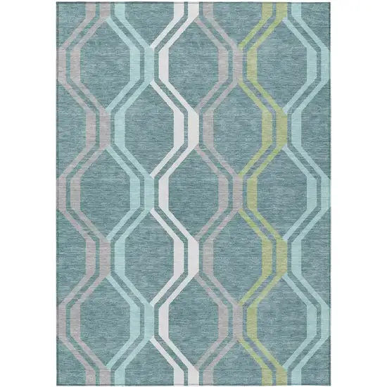 Teal Blue Gray And Ivory Geometric Washable Indoor Outdoor Area Rug Photo 2