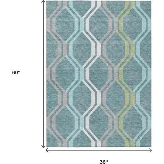 Teal Blue Gray And Ivory Geometric Washable Indoor Outdoor Area Rug Photo 3