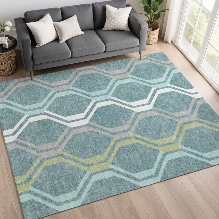 Teal Blue Gray And Ivory Geometric Washable Indoor Outdoor Area Rug Photo 9