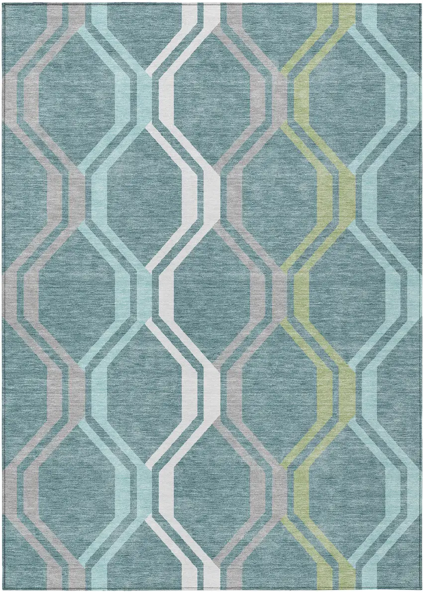 Teal Blue Gray And Ivory Geometric Washable Indoor Outdoor Area Rug Photo 2