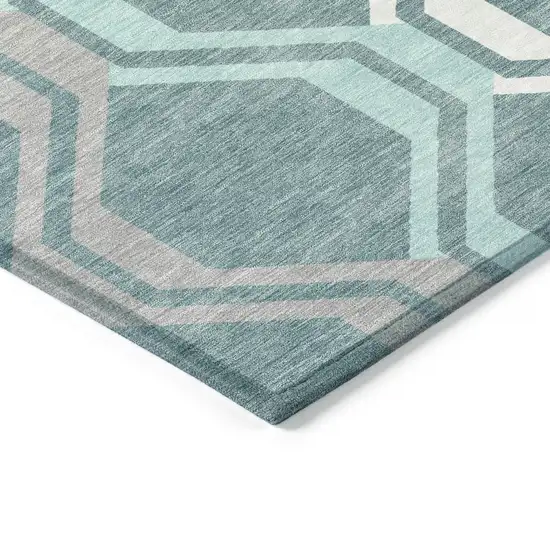 Teal Blue Gray And Ivory Geometric Washable Indoor Outdoor Area Rug Photo 5