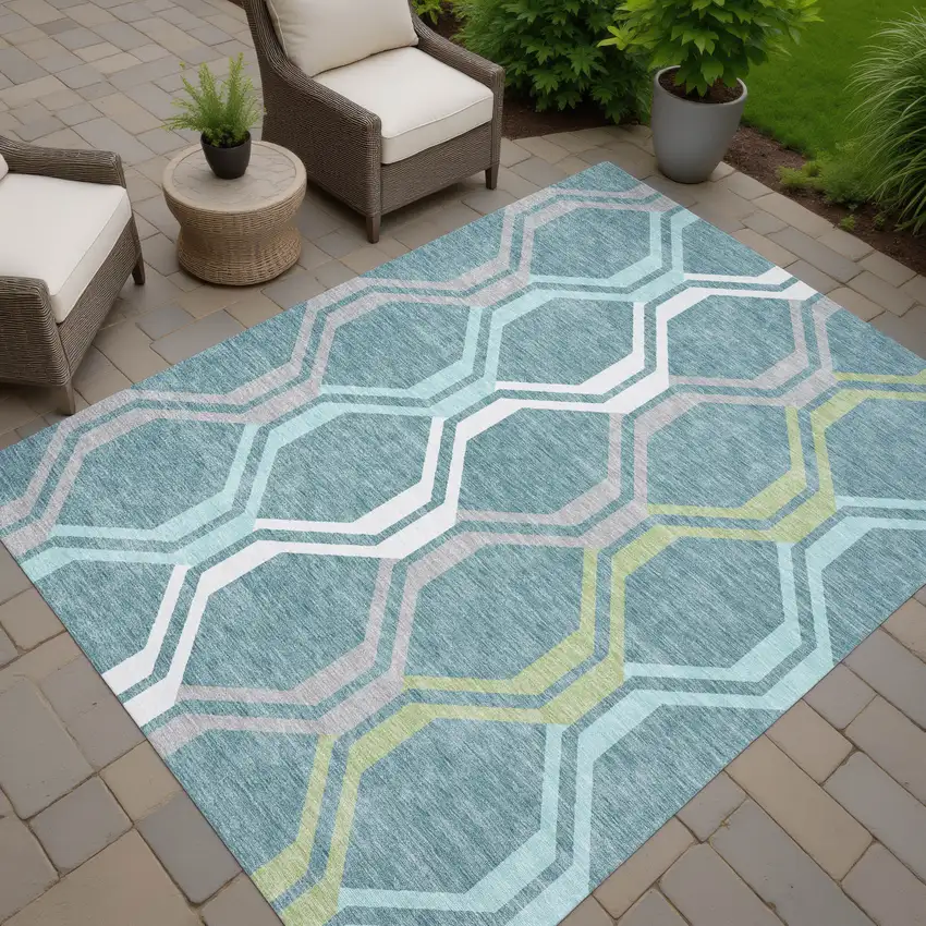 Teal Blue Gray And Ivory Geometric Washable Indoor Outdoor Area Rug Photo 7