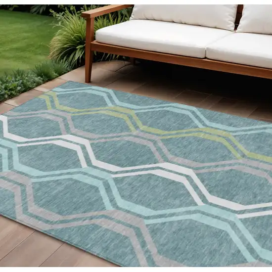 Teal Blue Gray And Ivory Geometric Washable Indoor Outdoor Area Rug Photo 1