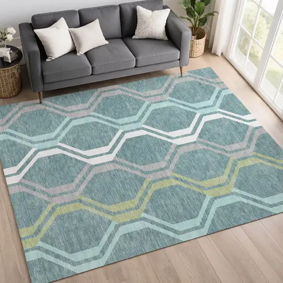 Teal Blue Gray And Ivory Geometric Washable Indoor Outdoor Area Rug Photo 9