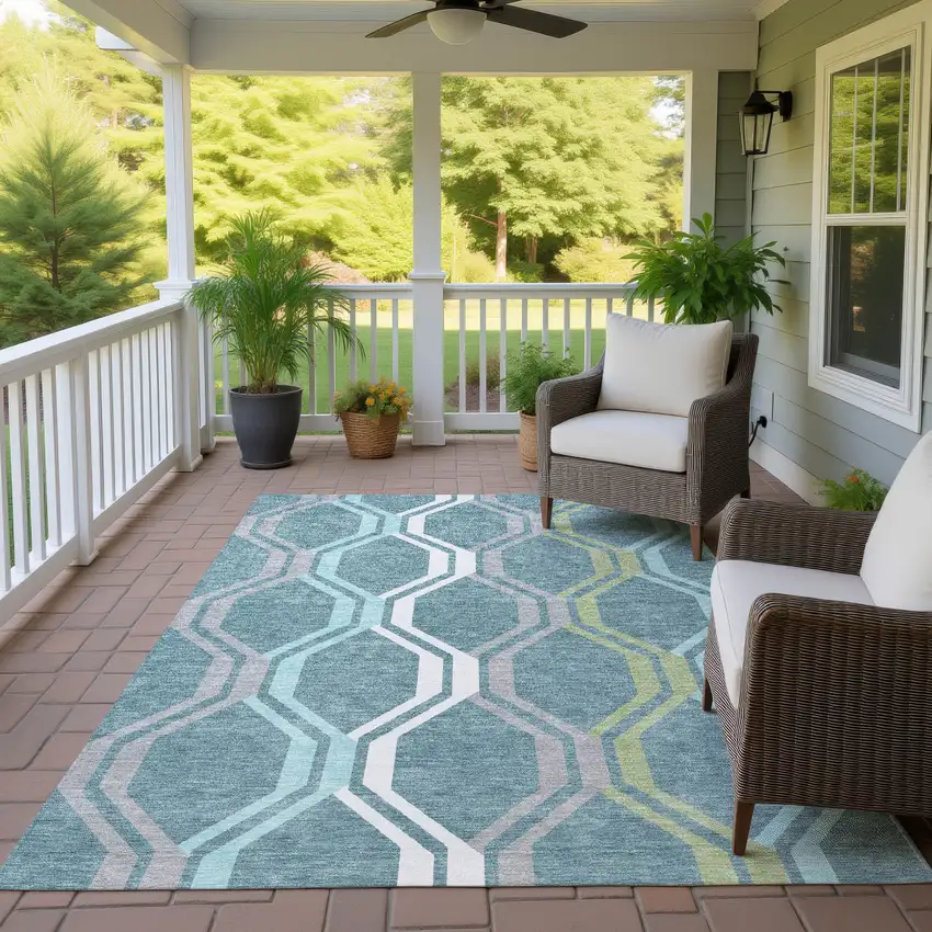 Teal Blue Gray And Ivory Geometric Washable Indoor Outdoor Area Rug Photo 9