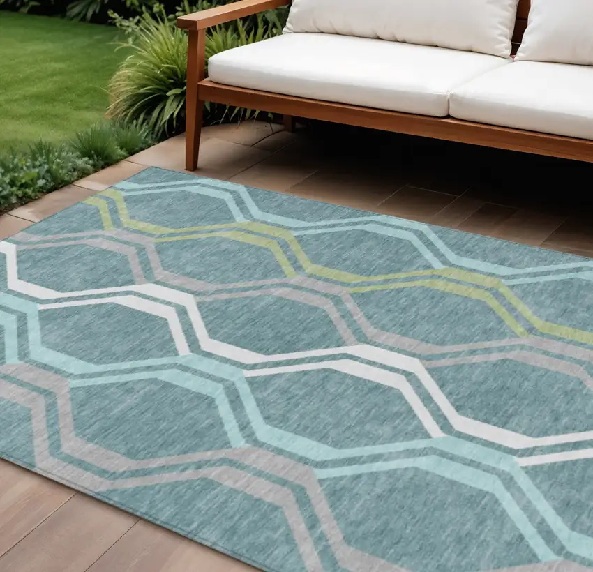 Teal Blue Gray And Ivory Geometric Washable Indoor Outdoor Area Rug Photo 1