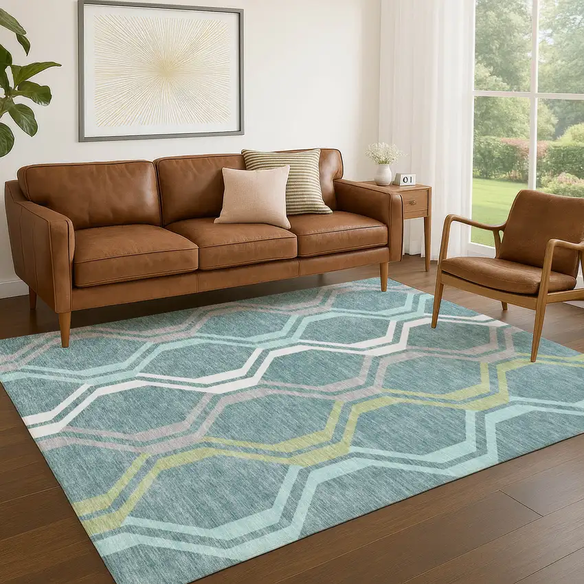 Teal Blue Gray And Ivory Geometric Washable Indoor Outdoor Area Rug Photo 8