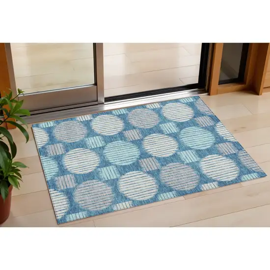 Teal Blue Gray And Ivory Geometric Washable Indoor Outdoor Area Rug Photo 1