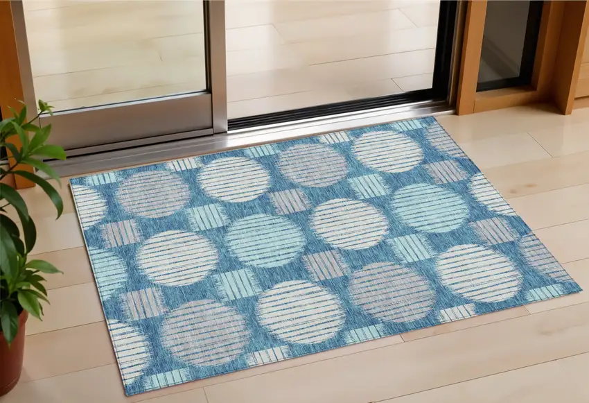 Teal Blue Gray And Ivory Geometric Washable Indoor Outdoor Area Rug Photo 1