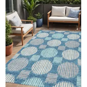 Photo of Teal Blue Gray And Ivory Geometric Washable Indoor Outdoor Area Rug