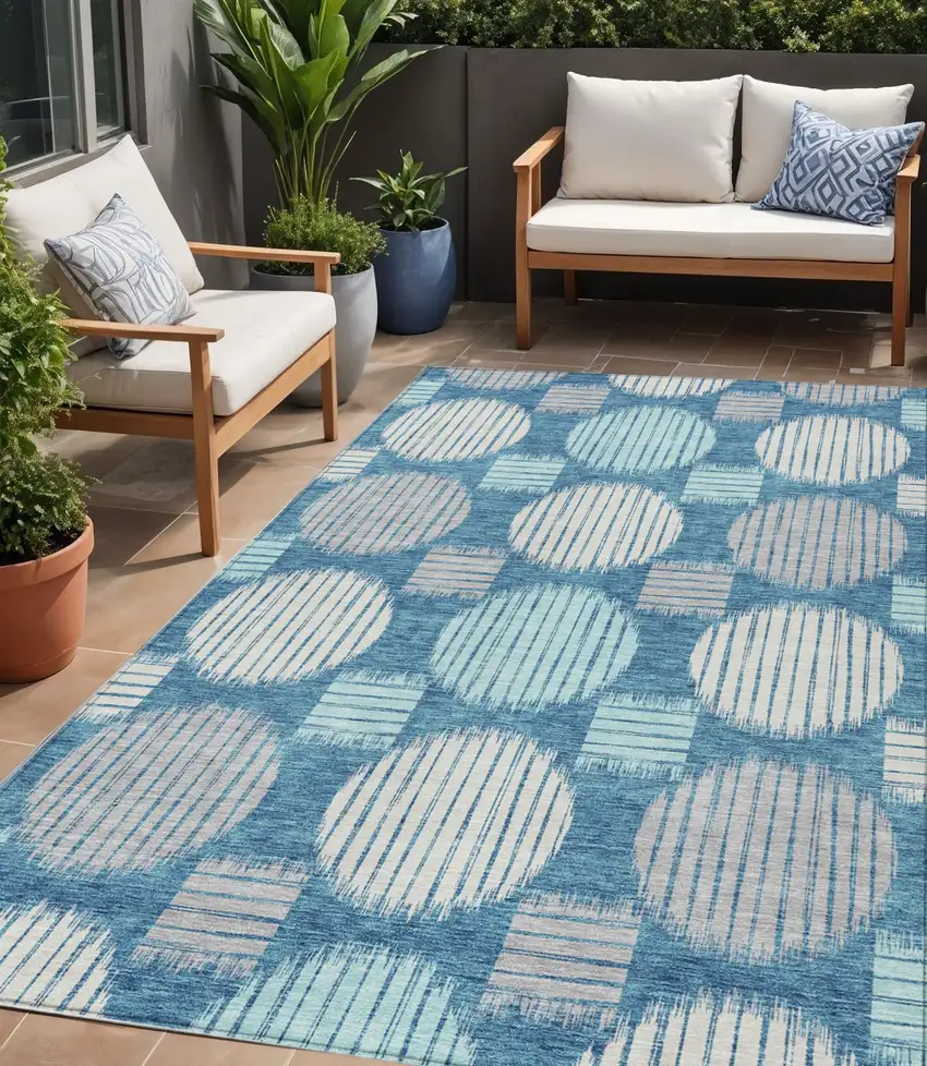 Teal Blue Gray And Ivory Geometric Washable Indoor Outdoor Area Rug Photo 1