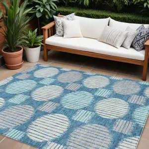 Photo of Teal Blue Gray And Ivory Geometric Washable Indoor Outdoor Area Rug