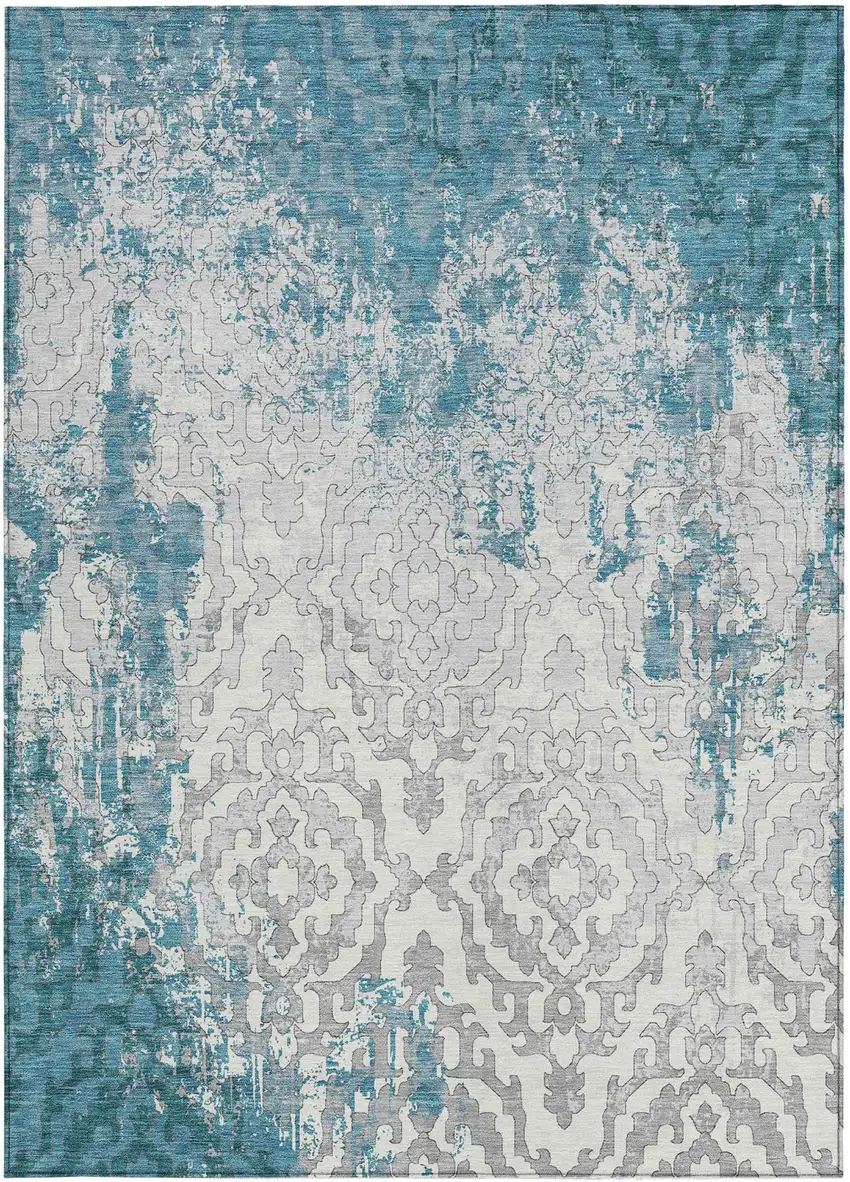 Teal Blue Gray And Ivory Medallion Washable Indoor Outdoor Area Rug Photo 4