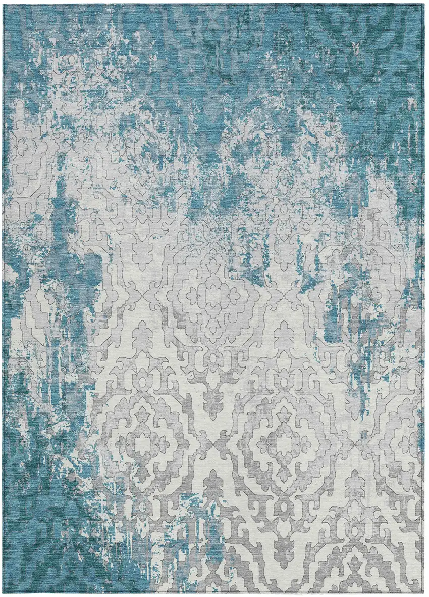 Teal Blue Gray And Ivory Medallion Washable Indoor Outdoor Area Rug Photo 4