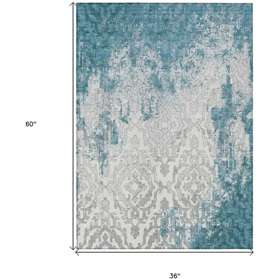 Teal Blue Gray And Ivory Medallion Washable Indoor Outdoor Area Rug Photo 6