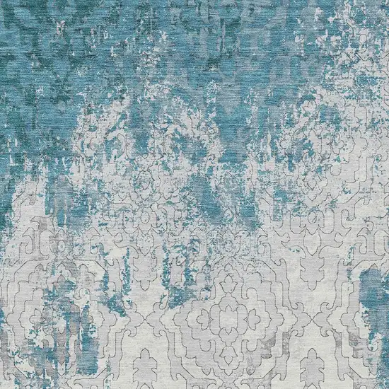 Teal Blue Gray And Ivory Medallion Washable Indoor Outdoor Area Rug Photo 7