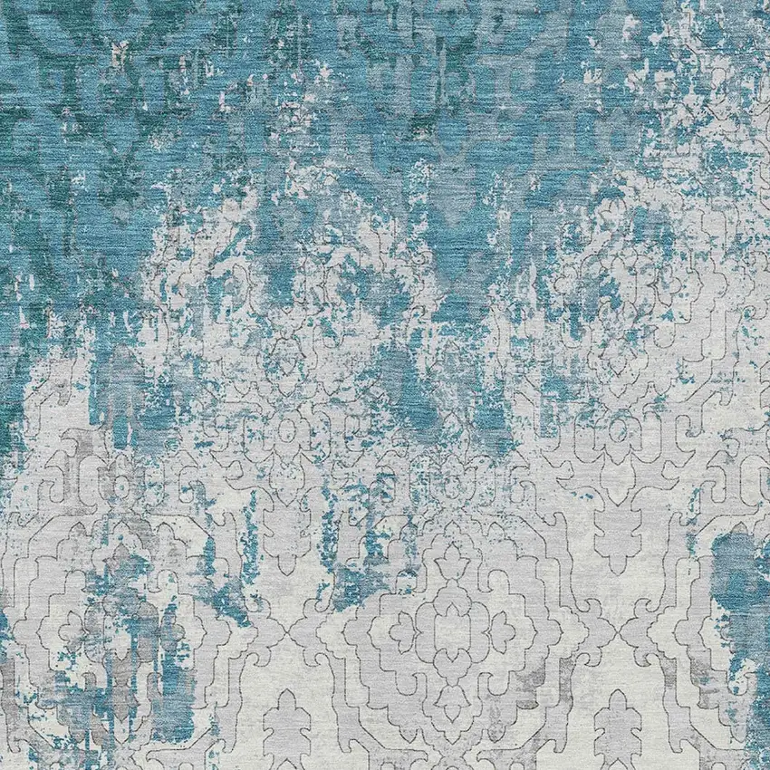 Teal Blue Gray And Ivory Medallion Washable Indoor Outdoor Area Rug Photo 7