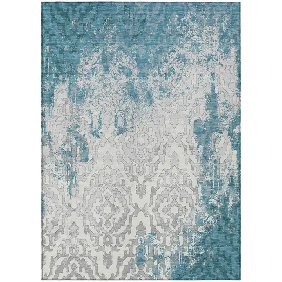 Teal Blue Gray And Ivory Medallion Washable Indoor Outdoor Area Rug Photo 2