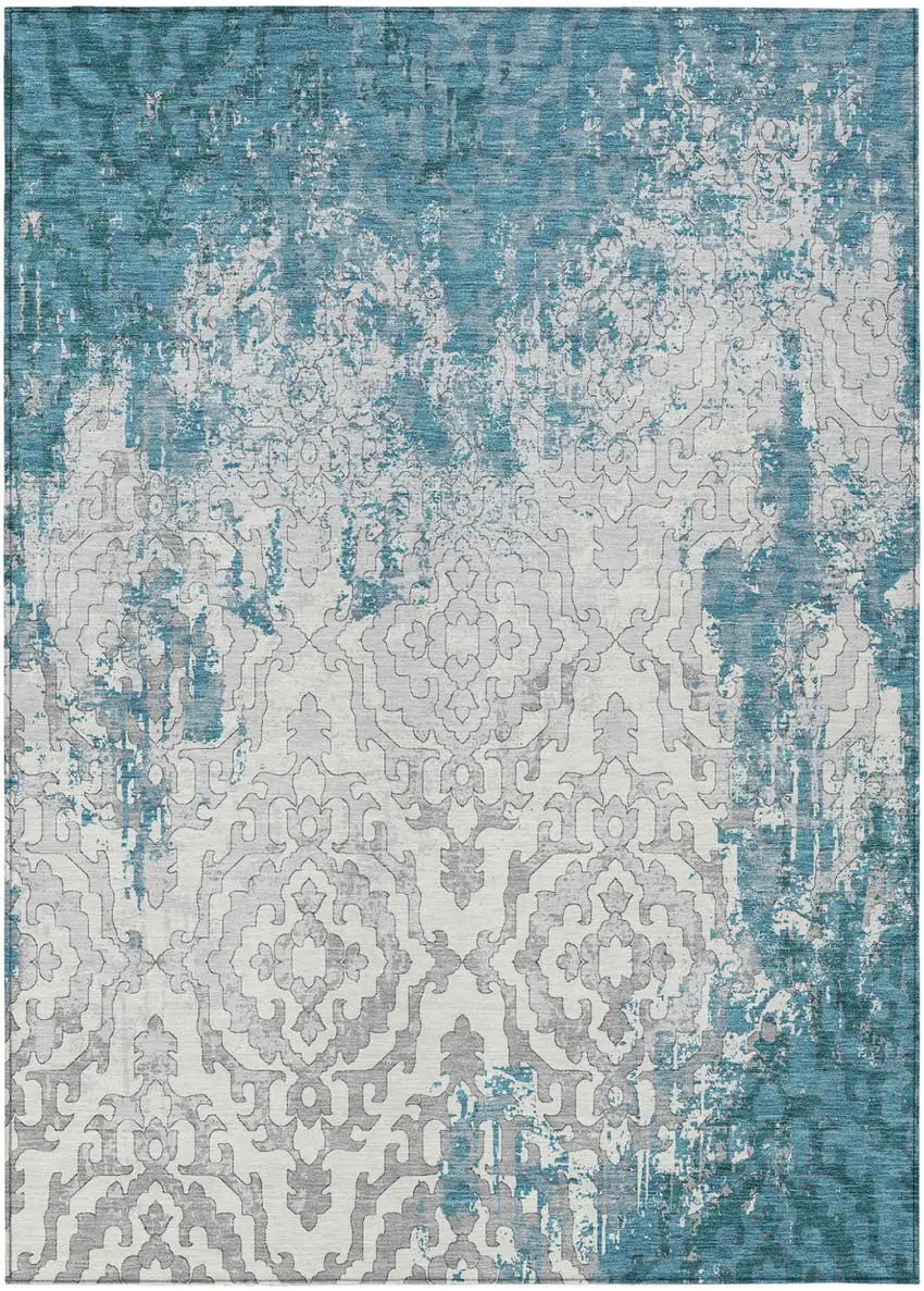 Teal Blue Gray And Ivory Medallion Washable Indoor Outdoor Area Rug Photo 2
