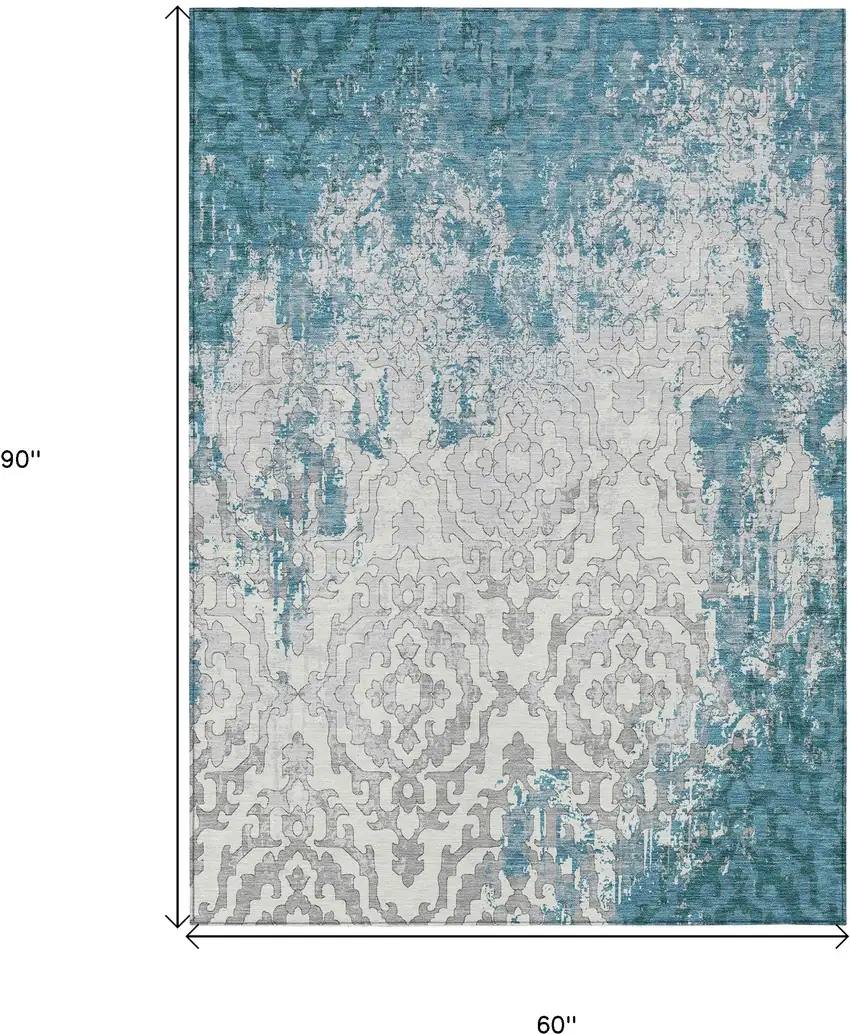 Teal Blue Gray And Ivory Medallion Washable Indoor Outdoor Area Rug Photo 3