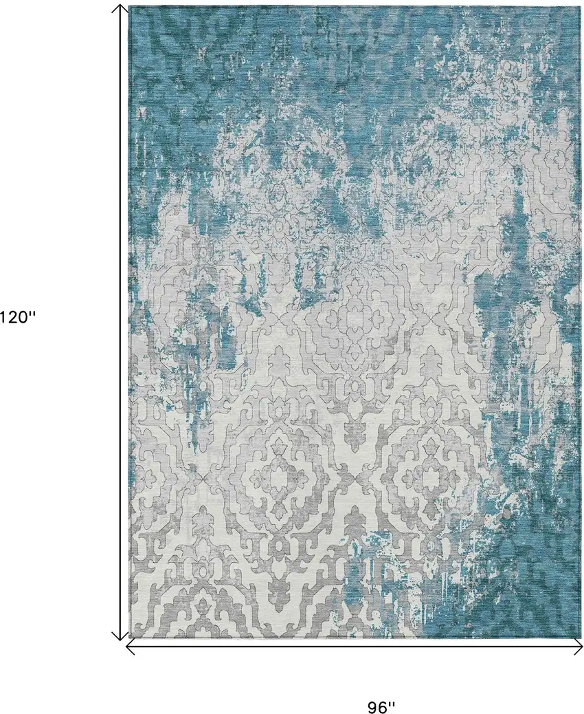 Teal Blue Gray And Ivory Medallion Washable Indoor Outdoor Area Rug Photo 3