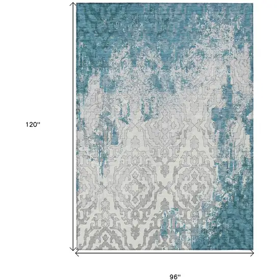 Teal Blue Gray And Ivory Medallion Washable Indoor Outdoor Area Rug Photo 3