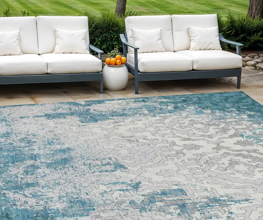 Teal Blue Gray And Ivory Medallion Washable Indoor Outdoor Area Rug Photo 1