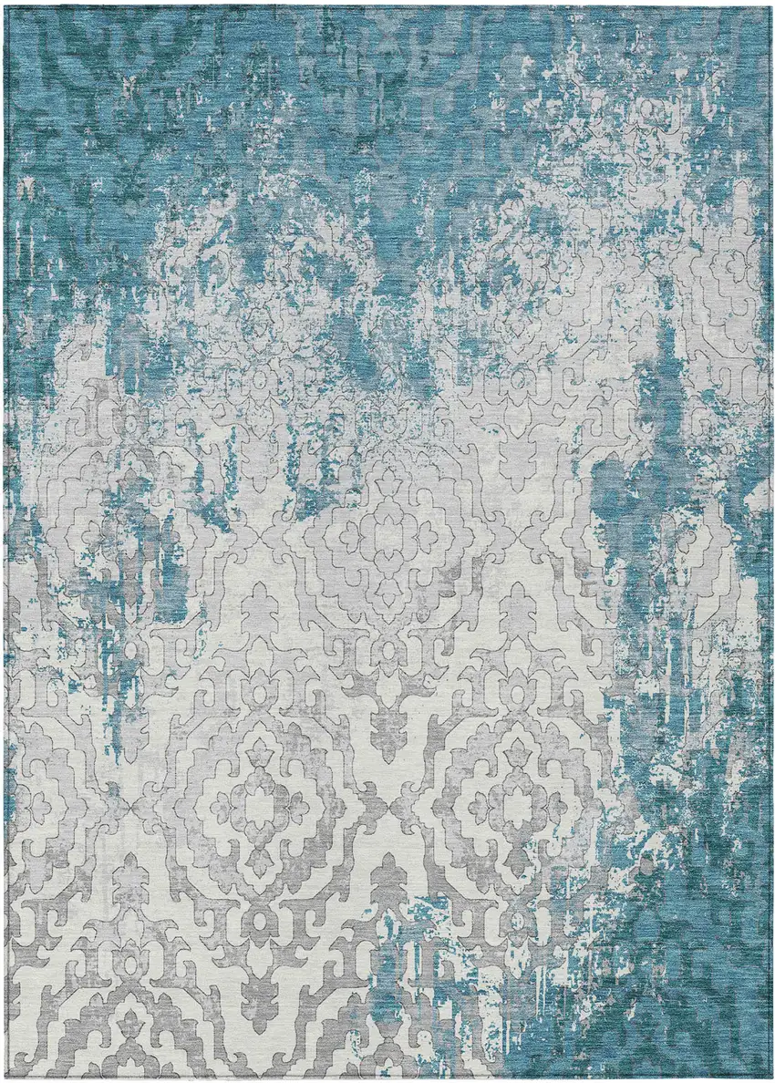 Teal Blue Gray And Ivory Medallion Washable Indoor Outdoor Area Rug Photo 2