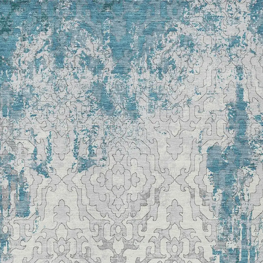 Teal Blue Gray And Ivory Medallion Washable Indoor Outdoor Area Rug Photo 5