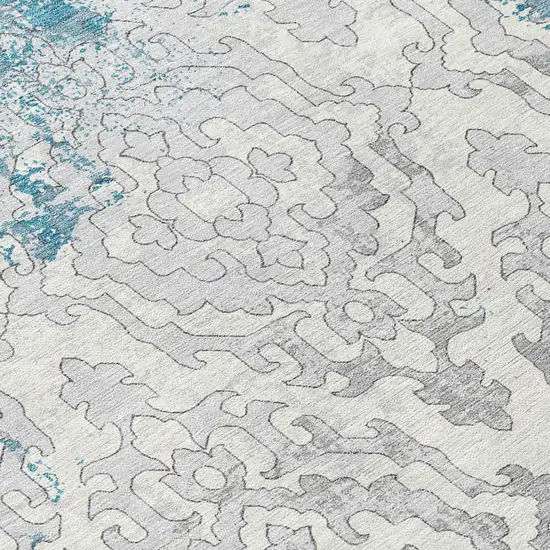 Teal Blue Gray And Ivory Medallion Washable Indoor Outdoor Area Rug Photo 7
