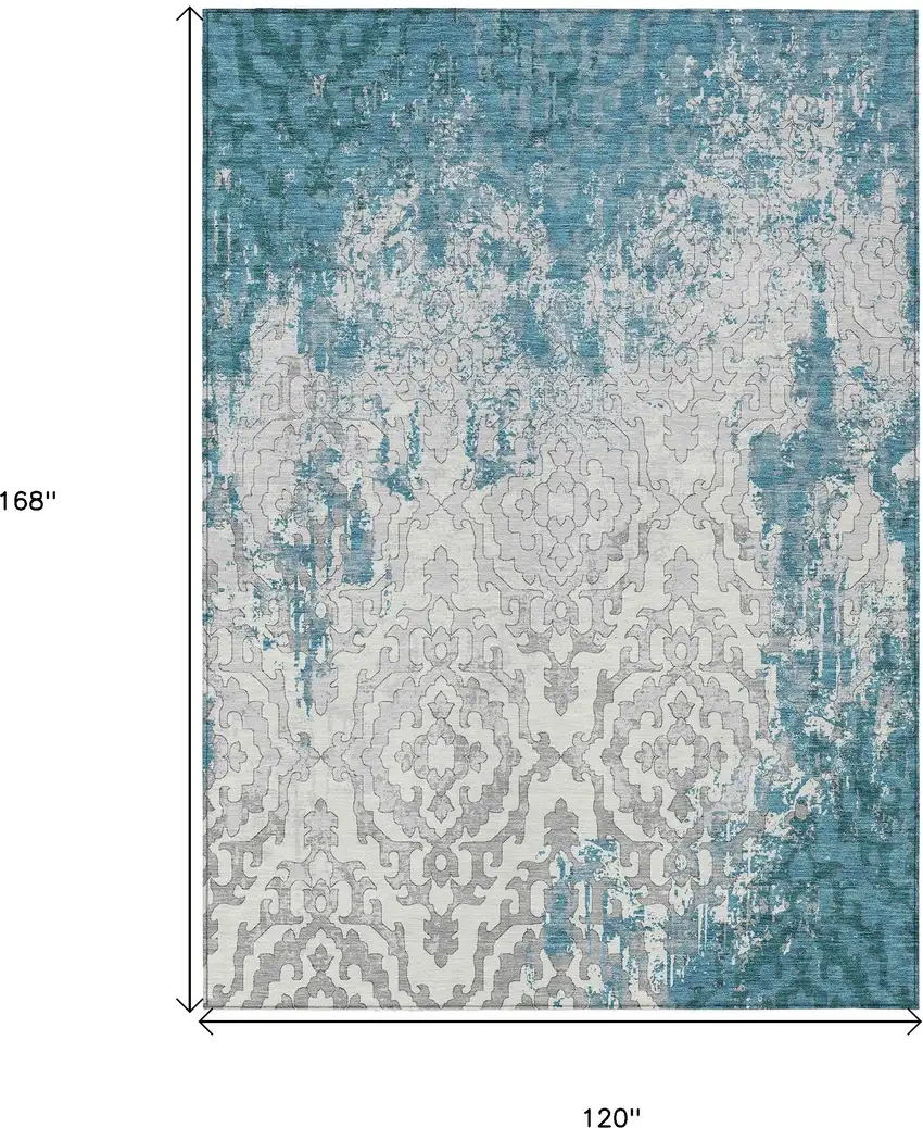 Teal Blue Gray And Ivory Medallion Washable Indoor Outdoor Area Rug Photo 3