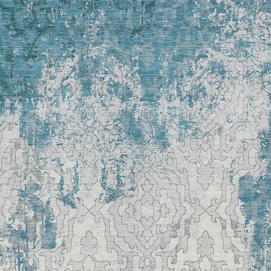 Teal Blue Gray And Ivory Medallion Washable Indoor Outdoor Area Rug Photo 5