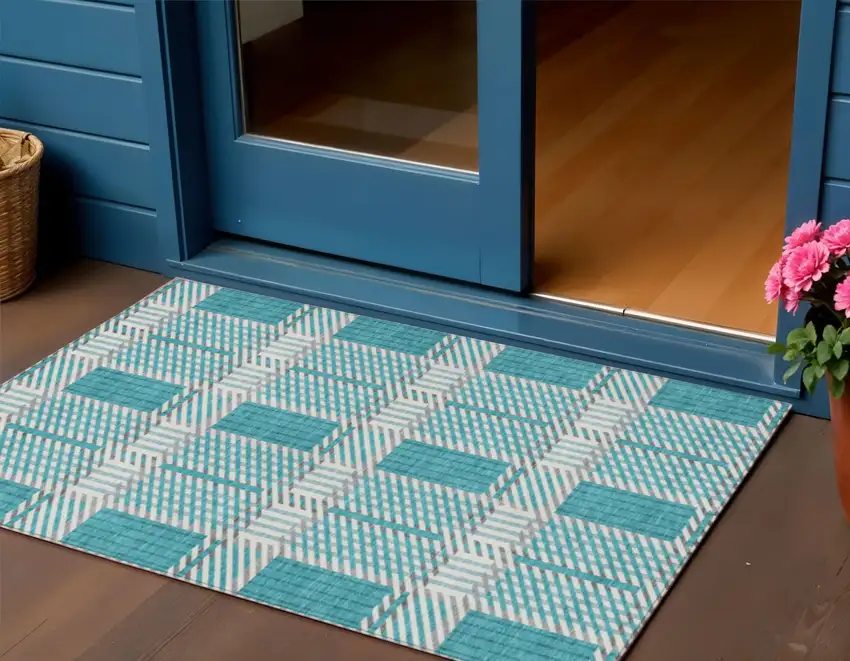 Teal Blue Gray And Ivory Plaid Washable Indoor Outdoor Area Rug Photo 1
