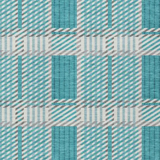 Teal Blue Gray And Ivory Plaid Washable Indoor Outdoor Area Rug Photo 5