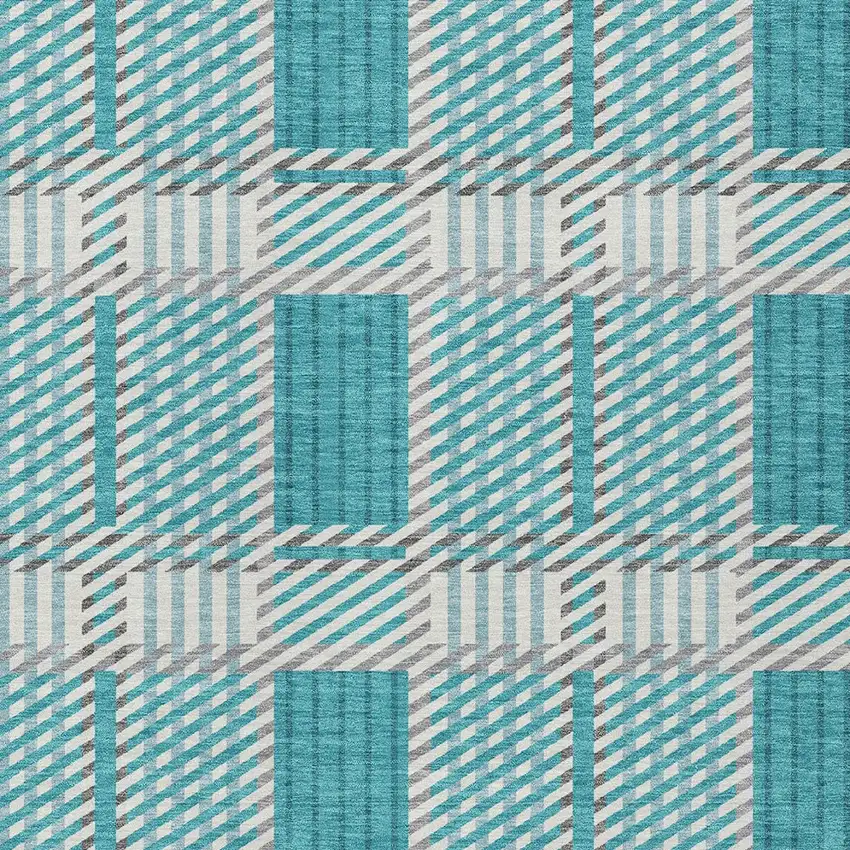 Teal Blue Gray And Ivory Plaid Washable Indoor Outdoor Area Rug Photo 5