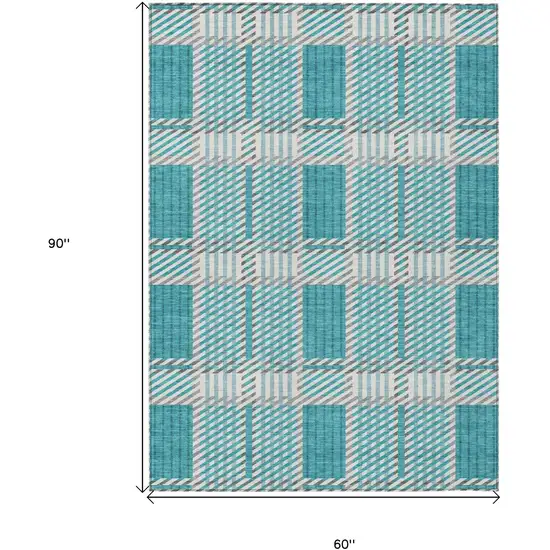 Teal Blue Gray And Ivory Plaid Washable Indoor Outdoor Area Rug Photo 3