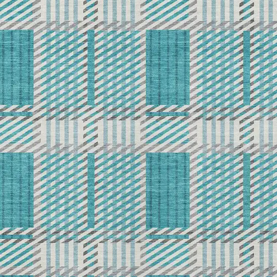 Teal Blue Gray And Ivory Plaid Washable Indoor Outdoor Area Rug Photo 5