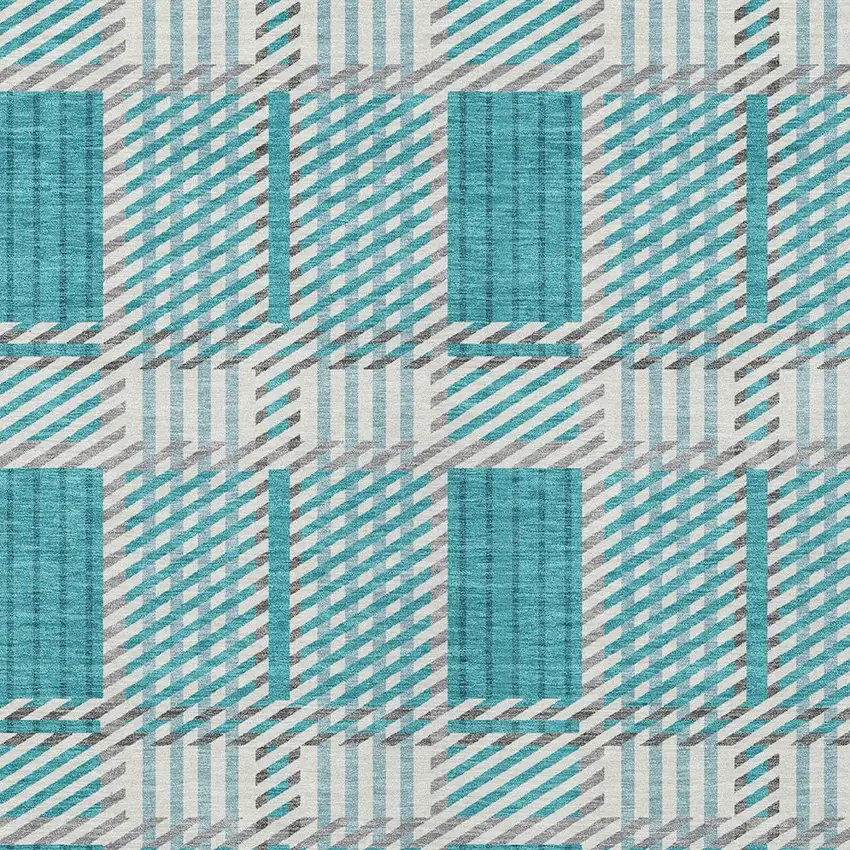 Teal Blue Gray And Ivory Plaid Washable Indoor Outdoor Area Rug Photo 5